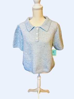 CeCe Light Blue Polo Knit sweater Top nwt